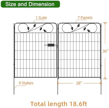 Metal Garden Fence with Gate 36in(H) X18.6ft(L) 1Gate+7Panels Border Fences - Image 3
