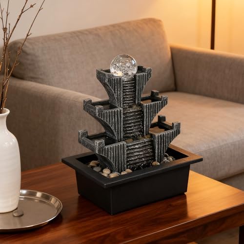 Tabletop Waterfalls Mountain with Pagoda Stepped & Spining Orb, Indoor Soothing Zen Fountain s for Home Office Relaxation - Image 3