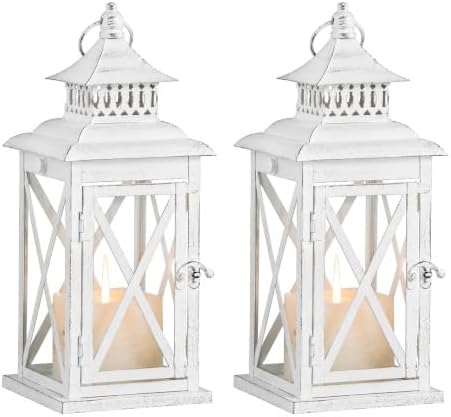 Lantern Decorative Indoor & Outdoor, 2 PCS 14.8''H Large Square Hanging Spring Home Decor, Vintage Metal Decorative Candle Lanterns for Outdoor Patio Wedding Party (White with Black Brush) by DECORKEY