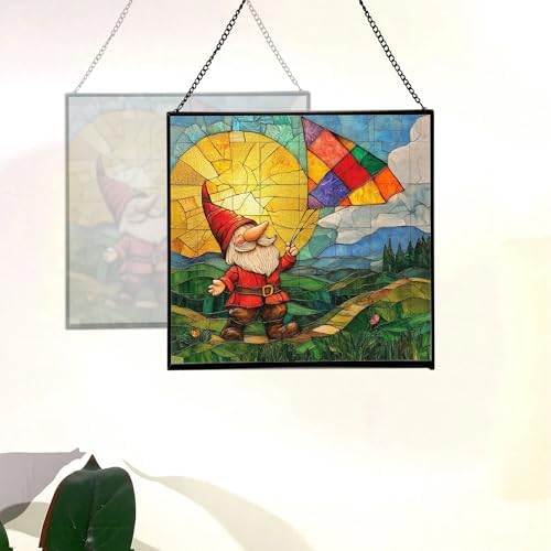Kite String Gnome Stained Glass Suncatcher – Square Hanging Window Panel for Home or Greenhouse – Whimsical Glass Art Gift for Garden Lovers, Christmas, Halloween, Father Days 82ELcz - Image 4