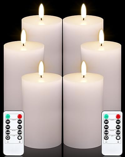 VIHOSE 6 Pack White Flameless Candles Set with Remote and Timer Flickering Flameless Battery Candles Flat Top LED Pillar for Wedding Outdoor Home Festival Decoration(D 3" H 5") by VIHOSE