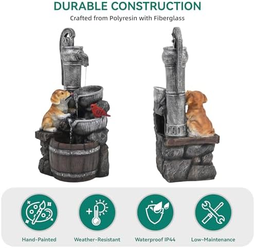 30" Puppy & Red Bird Outdoor Fountain, 3-Tier Pastoral Water Feature with LED Lights, Resin Two Bowls & Wooden Barrel Soothing Cascading Waterfall for Patio, Backyard, Garden - Image 6