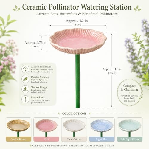 Ceramic Pollinator Watering Station for Bees and Butterflies, Shallow Garden Water Dish on Green Stake, Outdoor Insect Water Bowl for Patio Yard Flower Bed Decor, 1 Pack, Pale Aqua Green - Image 2