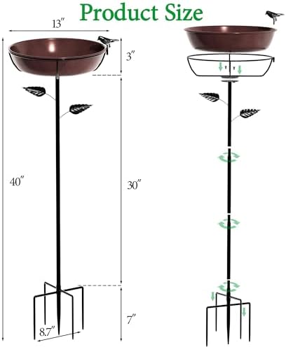 3" Deep Metal Bird Bath for Outdoors 40in Tall, Removable 13" Dia Birdbath Bowl with Stable Stake, Vintage Birdbaths and Bird Feeders for Outside Garden Yard Patio Lawn Decor(Antique Bronze) - Image 3