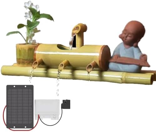 Solar Garden Bird Bath Bamboo Fountain, Outdoor Bamboo Water Flow Device with Water Pump, Creative Ornaments with Ceramic Monk, 4 Water Outlets, for Indoor, Backyard, Lawn,30in by Unknown