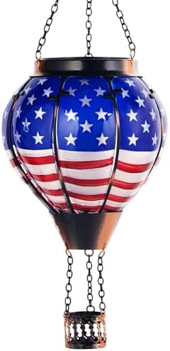 Hot Air Balloon Solar Lantern, American Flag Glass Solar Light Garden Decor by Larekook