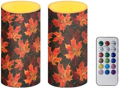 Red Fall Maple Leaves Set of 2 Flameless Candles Bulk Battery Operated Candles with Color Changing Timer Remote Control LED Pillar Lights for Patio Porch Lanterns Home Decorations by Merkmak