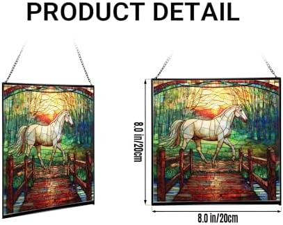 White Horse Trotting Across Bridge at Sunrise Square Suncatcher – Stained Glass Style Window Panel with Pastoral Scene, Custom Decorative Hanging Art for Equestrian Home, Christmas RWwXRI - Image 2