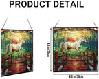 White Horse Trotting Across Bridge at Sunrise Square Suncatcher – Stained Glass Style Window Panel with Pastoral Scene, Custom Decorative Hanging Art for Equestrian Home, Christmas RWwXRI - Image 2