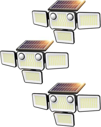 4500LM Solar Lights Outdoor Waterproof, 254 LED Solar Flood Lights Outdoor with 2 Motion Sensor, 4 Heads Security Light with Remote Control for Yard Outside House Garage 3 Pack by SZPOWER
