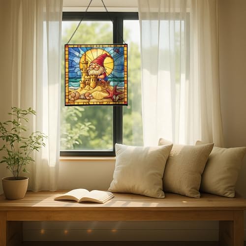 Beach Day Gnome Stained Glass Suncatcher – Square Hanging Window Panel for Home or Greenhouse – Whimsical Glass Art Gift for Garden Lovers, Christmas, Halloween, Father Days G18PX1 - Image 7