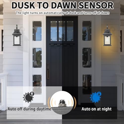 Darkaway Dusk to Dawn Outdoor Lights Fixture Wall Mount,Large 22inch Exterior Wall Light with Seeded Glass Waterproof Black Outside Wall Sconce for House Porch Hallway Garage - Image 2