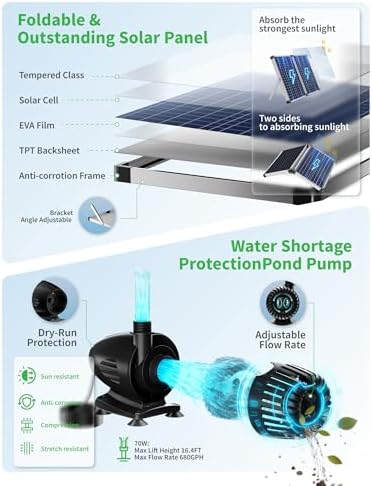 POPOSOAP 70W Solar Pond Waterfall Spillway with Pond Pump, Pond Spillway with 304 Stainless Steel & Filtration System & 9.8FT Tube for Pond Fountain Waterfall Garden Water Features-P5703S - Image 5