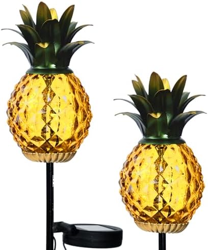 Solar Lanterns Outdoor Waterproof Glass Pineapple Garden Decor, Hanging Solar Stake Lights Yard Art, Outside Patio Decorations Gardening Birthday Gifts for Mom Grandma Women, 2 Pack by Teravem