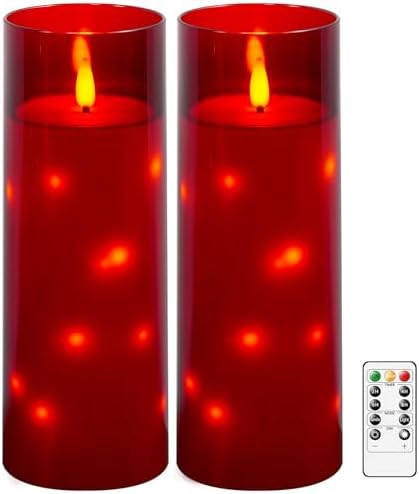 kakoya 11" x 4" Large Outdoor Waterproof Flameless LED Candles with Remote and Timer,Acrylic Pillar Candles Battery Operated with Embedded Star String for Porch,Patio,Outdoor Decor,Set of 2(Red) by FLAMELESSCANDLES