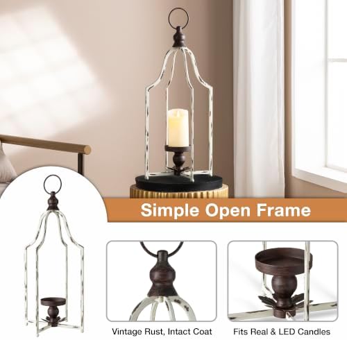 Glitzhome Set of 2 Modern Farmhouse Outdoor Lantern Decor- Metal Candle Lanterns for Christmas- Decorative Lanterns for Living Room,Home,Indoor, Outdoor,Table,Fireplace Mantle Decor White Small&Large - Image 3