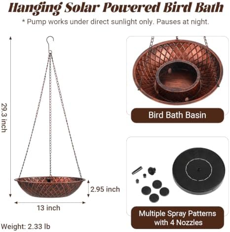Hanging Bird Bath for Outdoor, 13" Solar Powered Bird Bath - Image 2