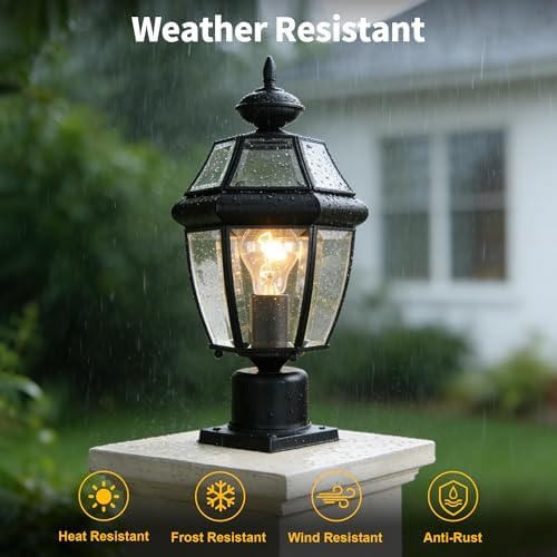 Kalium Outdoor Post Lights, 15" Lamp Post Light Fixture Waterproof Aluminum Housing with Glass, E26 Base Matte Black Lamp Posts Outdoor Lighting for Garden Patio Pathway Walkway （Pole not Included） - Image 4