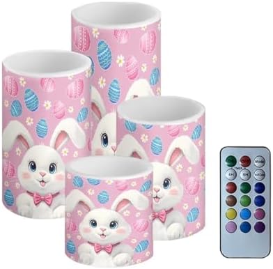 Set of 4 Easter Eggs Flameless Candles with Remote Cartoon Bunny Outdoor Battery Operated Candles with Timer Flickering LED Elictric Pillar Lights for Indoor Outdoor Holiday Decor by Merkmak