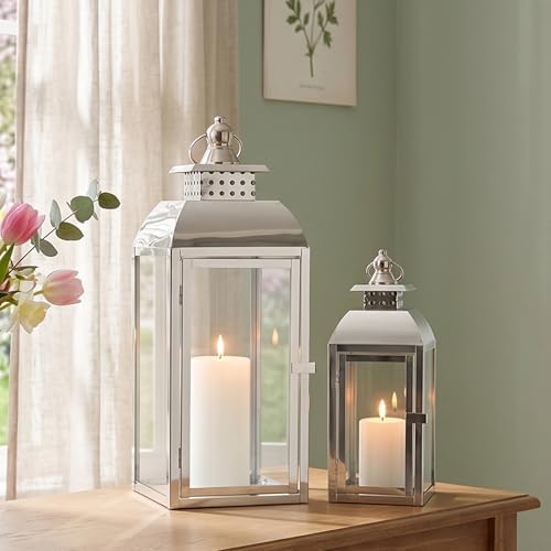 JHY DESIGN Set of 2 Stainless Steel Decorative Candle Lanterns 20.5"&15" High Metal Candle Lanterns for Indoor Outdoor Events Parities Weddings Vintage Style Hanging Lantern - Image 4