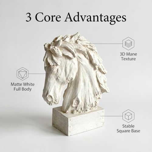 19" Horse Head Sculpture Decor, Antique White Resin Horse Bust Statue, Western Farmhouse Tabletop Art Ornament for Living Room, Study, Office, Entryway & Home Decor - Image 4