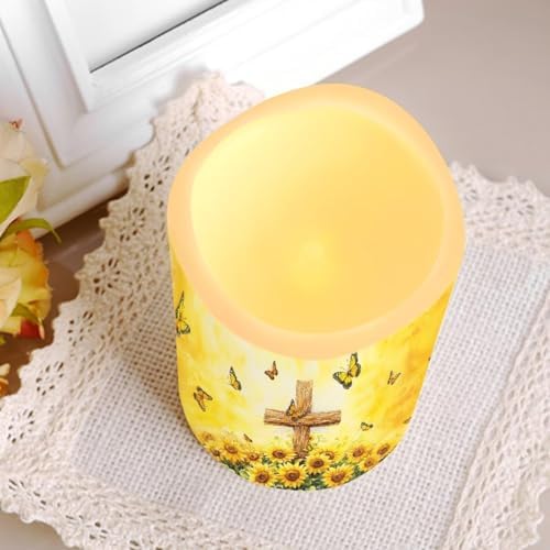 LED Flameless Candles with Remote Set of 4 Sunflower Cross Battery Operated Pillar Candles with Timer Color Changing Electric Candles for Wedding Table Festival Decorations - Image 6