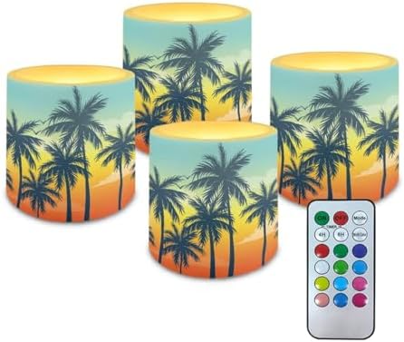 Flameless Votive Candles Sunset Glow Palm Coconut Tree Pattern 4 Pcs LED Pillar Candle Tealights Long Lasting with Remote Timer for Indoor Outdoor Coastal Home Decoration by Unknown