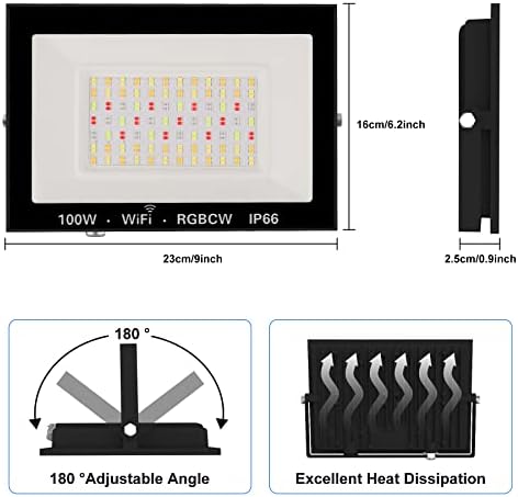 RGB LED Flood Light Outdoor 1000W Equivalent, 100W Bluetooth RGBCW Smart Floodlights 2700K, 16 Million Color Changing, Timing, Music Sync, IP66 Waterproof Landscape Light with US Plug (2 Pack) - Image 2