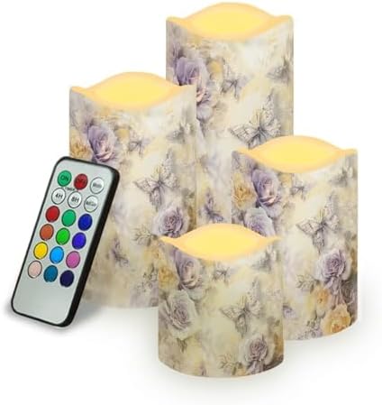 Purple Butterfly Rose Flameless Candles with Remote Timer Battery Powered LED Candles Color Changing Pillar Electric Fake Candles Bulk for Indoor Outdoor Home Table Decoration Set of 4 by Uorisanigo
