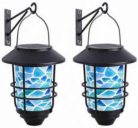 Solar Lanterns Outdoor Hanging Lights Mosaic Blue Stained Glass Glass Wall Lantern 2 Pack, Waterproof Decorative Solar Sconce with Wall Mount Kit for Garden Porch Fence Chicken Coop Summer Decor - Image 7