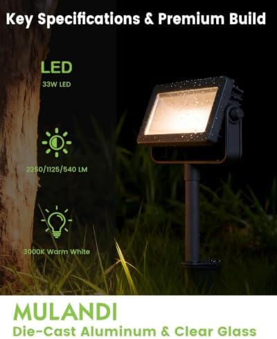 Outdoor LED Spotlight with Metal Spike 33W 3-Level Dimmable Adjustable Die-Cast Aluminum Landscape Lighting, Wet Location ETL UL CSA Qualified Safe for Garden, Yard & Tree Illumination - Image 2