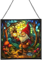 Forest Gnome with Lantern Stained Glass Suncatcher – Square Hanging Window Panel for Home or Greenhouse – Whimsical Glass Art Gift for Garden Lovers, Christmas, Halloween, Father Days ckmTEF by Custom
