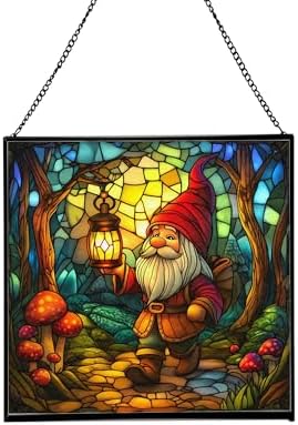 Forest Gnome with Lantern Stained Glass Suncatcher – Square Hanging Window Panel for Home or Greenhouse – Whimsical Glass Art Gift for Garden Lovers, Christmas, Halloween, Father Days ckmTEF by Custom