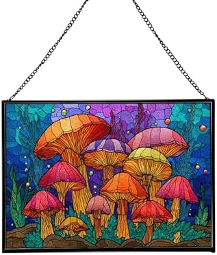 Rainbow-Colored Mushroom Cluster Rectangular Stained Glass Suncatcher – Hanging Window Panel with Animal & Nature Scene – Vibrant Glass Art Gift for Wildlife, Fantasy, Nature Lovers q1PtJt by Custom
