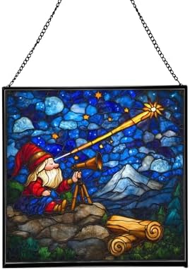 Gnome Stargazing Stained Glass Suncatcher – Square Hanging Window Panel for Home, Garden, Nursery, Halloween, Christmas, Memorial Day – Whimsical Glass Art Gift for Gnome Lovers pdylcp by Custom