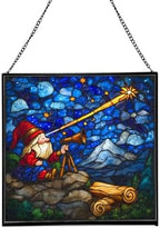 Gnome Stargazing Stained Glass Suncatcher – Square Hanging Window Panel for Home, Garden, Nursery, Halloween, Christmas, Memorial Day – Whimsical Glass Art Gift for Gnome Lovers pdylcp by Custom