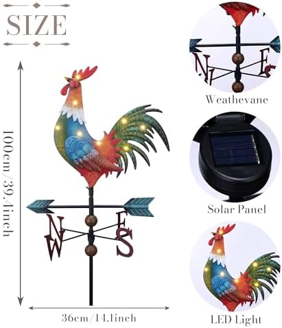 TERESA'S COLLECTIONS Garden Decor with Solar Outdoor Lights, Red Rooster Yard Art Sign for Outside, 39.4'' Metal Weathervane Decorative Garden Stake for Outdoor Decor Lawn, Gifts for Mom - Image 4