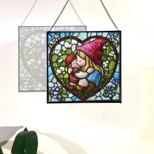 Gnome Hugging Child Stained Glass Suncatcher – Square Hanging Window Panel for Home, Garden, Nursery, Halloween, Christmas, Memorial Day – Whimsical Glass Art Gift for Gnome Lovers bfeiwm - Image 4