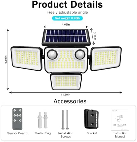 4500LM Solar Lights Outdoor Waterproof, 254 LED Solar Flood Lights Outdoor with 2 Motion Sensor, 4 Heads Security Light with Remote Control for Yard Outside House Garage 3 Pack - Image 2