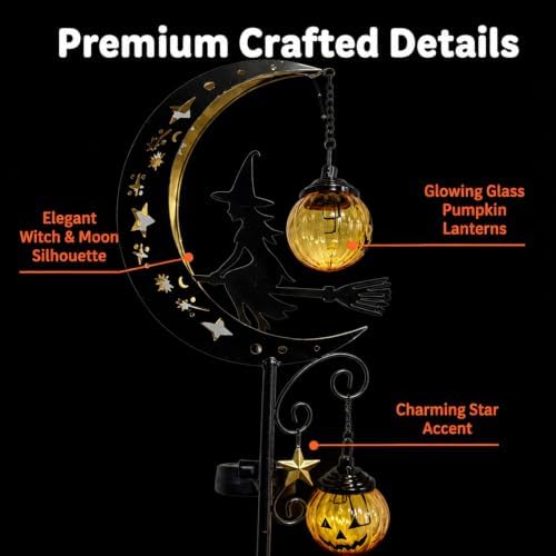 Halloween Solar Garden Stake Light Crescent Moon Black Witch - Image 4