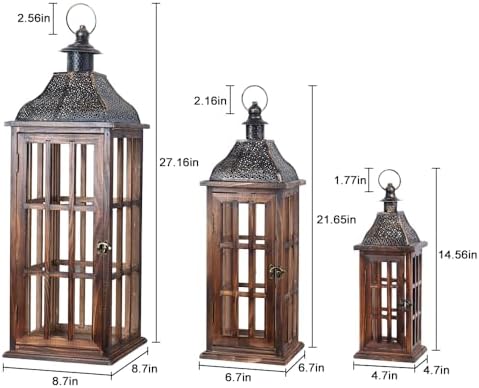 Large Farmhouse Wooden Metal Lantern Set of 3, 27''/22''/15'' H Rustic Decorative Indoor & Outdoor Hanging Candle Lanterns, Wooden Outdoor Lanterns for Patio Front Porch Table, Brown - Image 2