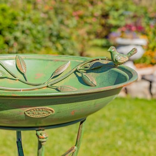 Zaer Ltd. Deep Well Made Metal Birdbath with 2 Cast Iron Birds and Leaf Decoration (Verdi Green) - Image 6