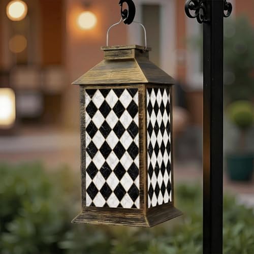 Solar Lantern Outdoor Waterproof White Black Check Marble Seamless Repeat Diagonal marbling Garden Decor LED Hanging Solar Lights Tabletop Lamp Gifts for Women Mom Outside Yard Patio Porch by DERUINVAIO