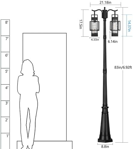 PARTPHONER Modern Outdoor Lamp Post Light 2-Head, Hardwired Street Light Post for Outside Metal Pole Light Outdoor Lighting with Water Glass Shade for Garden Patio Backyard Walkway Driveway - Image 3