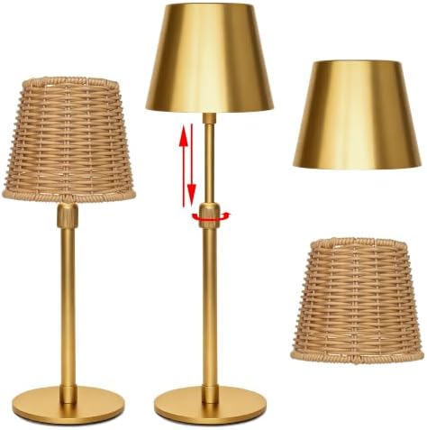 Mr.White Outdoor Waterproof Rechargeable Cordless Set of 2 Table Lamp with Telescopic Pole & Wicker Shade, Battery Operated Table Light with Touch Control, for Patio Restaurant Kitchen (Gold 2 Pack) by Unknown