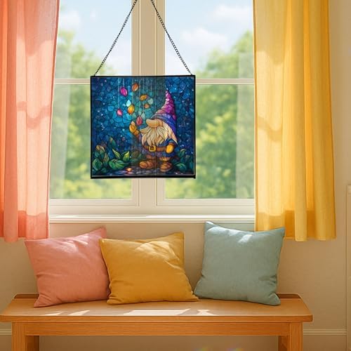 Rain Petal Gnome Stained Glass Suncatcher – Square Hanging Window Panel for Home or Greenhouse – Whimsical Glass Art Gift for Garden Lovers, Christmas, Halloween, Father Days El46GY - Image 5