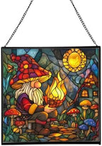 Gnome with Shadow Puppets Stained Glass Suncatcher – Square Hanging Window Panel for Home, Garden, Nursery, Halloween, Christmas, Memorial Day – Whimsical Glass Art Gift for Gnome Lovers cnc2mb by Custom
