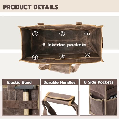 Canvas Large Tool Bag - A Large Main Pocket and 14 Insert Pockets Garden Tool Tote Bag - Durable 16oz Waxed Canvas Tool Case with Handle - Tool not Included - Image 3