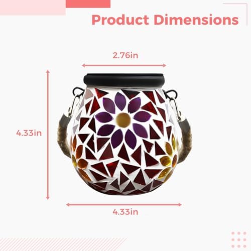 Mosaic Solar Lights Outdoor Waterproof, Hanging Solar Lantern with Stained Glass Design, Oval Flower Pattern Tabletop Lights, No Wiring, Auto On Off, 4.33 x 4.33 in / 11 x 11 cm for Patio, Garden - Image 5