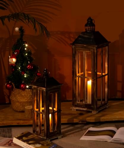 Large Farmhouse Wooden Decorative Lantern Set of 2, Rustic Distressed Brown Burnt Wood Floor Candle Lanterns, Indoor/Outdoor Hanging Lanterns for Home Decor (No Glass) - Image 6